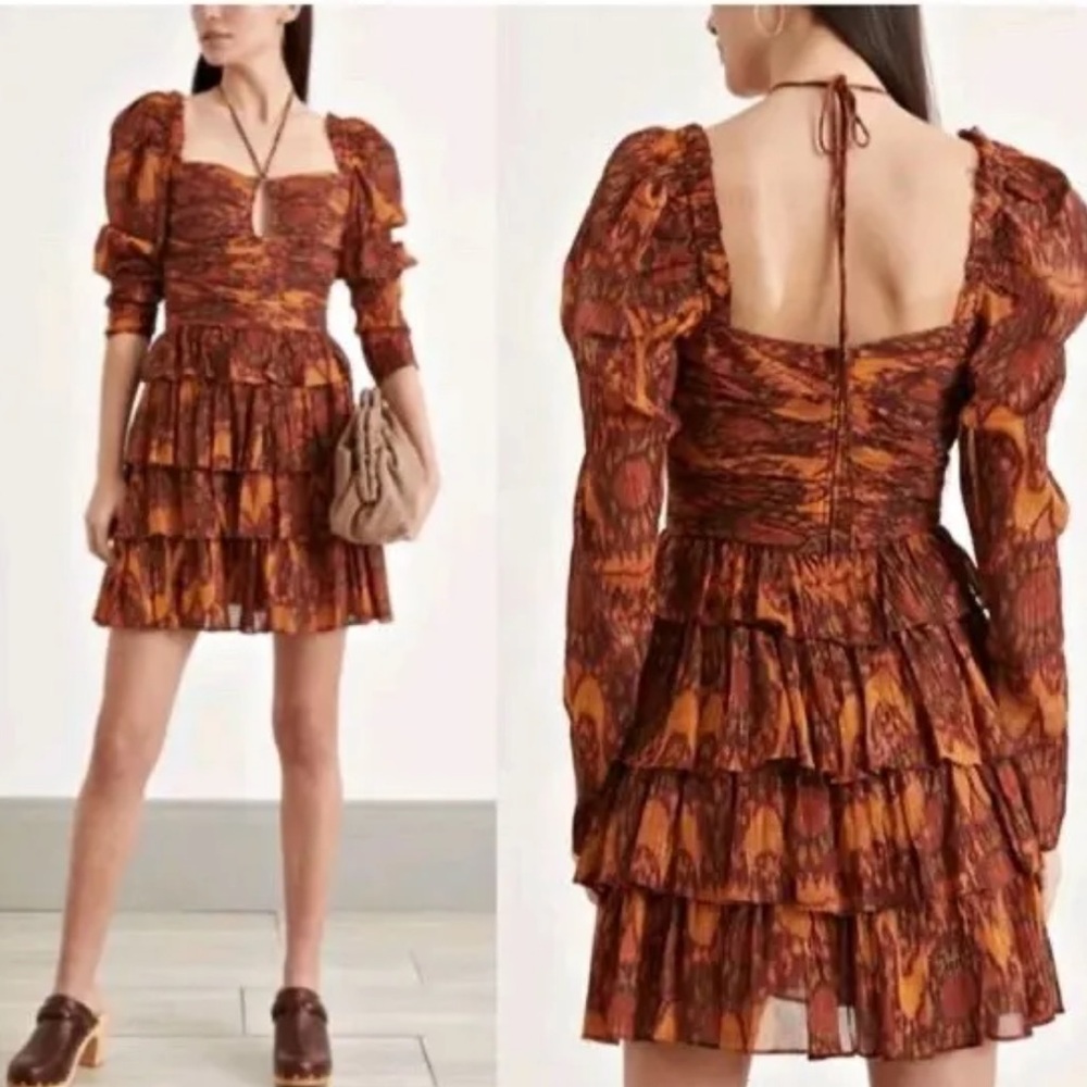 Ulla Johnson $650 Naiya Puff Sleeve Metallic Thread Tiered Red Mini Dress Sz 4